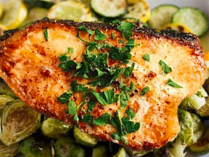 Pan-seared halibut with brussel sprouts, summer squash